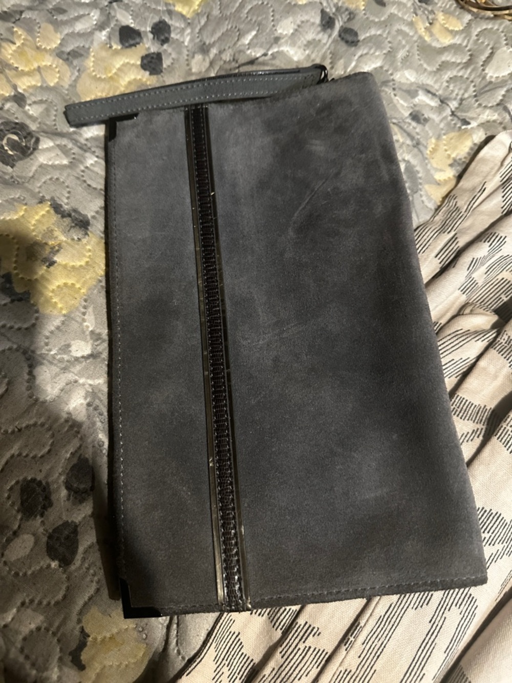 White House Black Market Gray Suede Zip Clutch